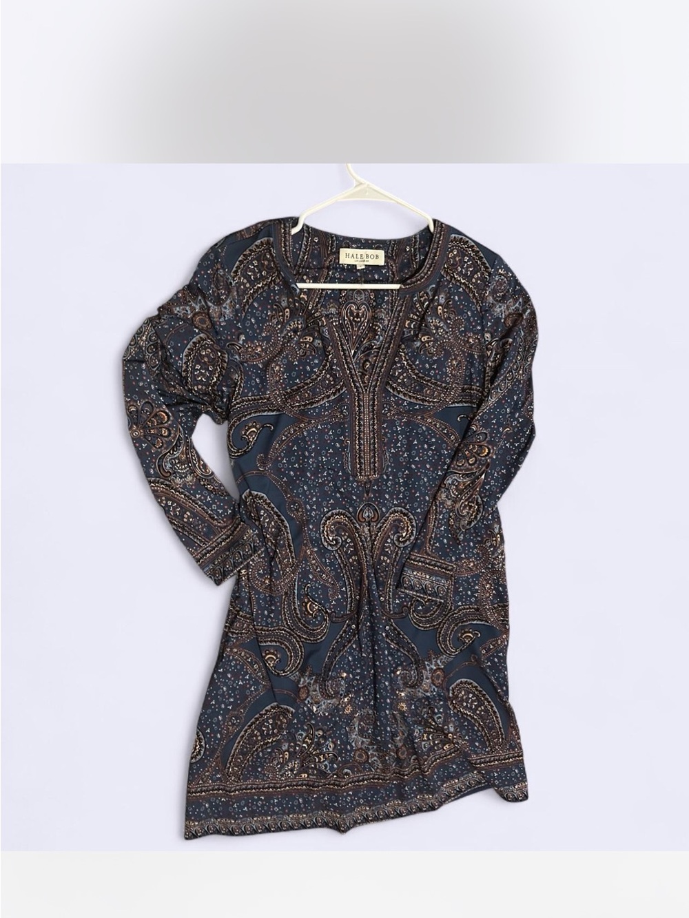 Hale Bob navy paisley long sleeve Dres with gold and brown accents